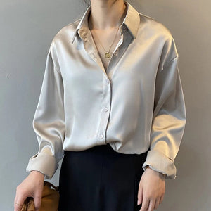 Vesporia Autumn Fashion Button Up Satin Shirt Vintage Blouse Women White Lady Long Sleeves Female Loose Street Shirts 11355