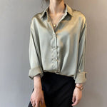 Vesporia green / XL Autumn Fashion Button Up Satin Shirt Vintage Blouse Women White Lady Long Sleeves Female Loose Street Shirts 11355