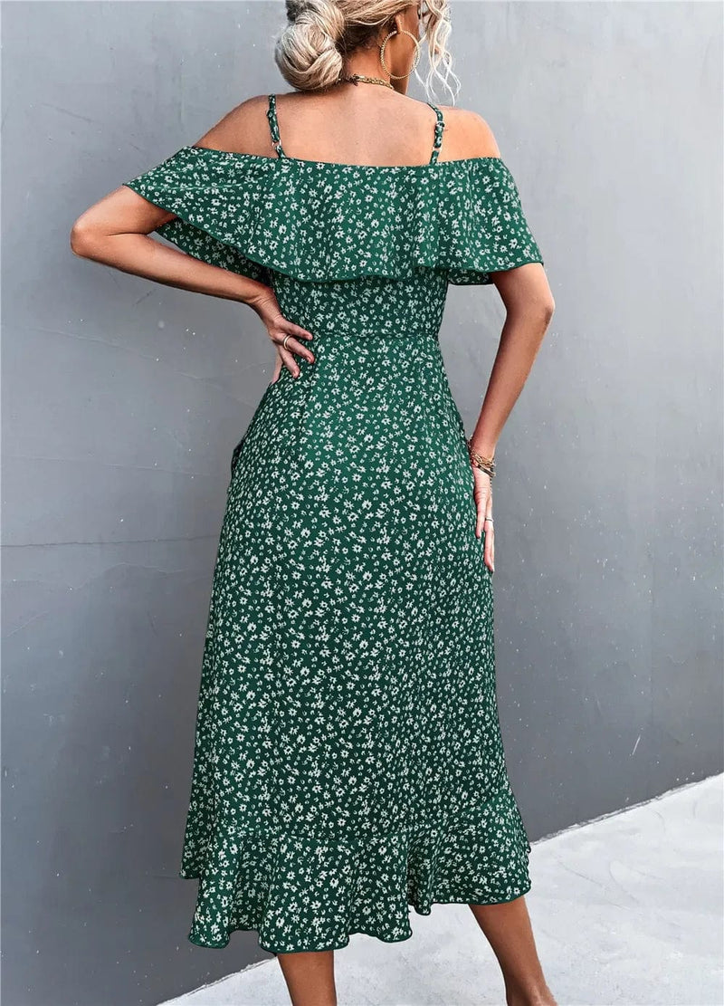 Vesporia Chic Floral Print Sling Dress Women Summer Dresses 2022 NEW Elegant Sexy Strapless Spaghetti Irregular Ruffle Hem Slit Dress