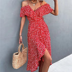 Vesporia Chic Floral Print Sling Dress Women Summer Dresses 2022 NEW Elegant Sexy Strapless Spaghetti Irregular Ruffle Hem Slit Dress