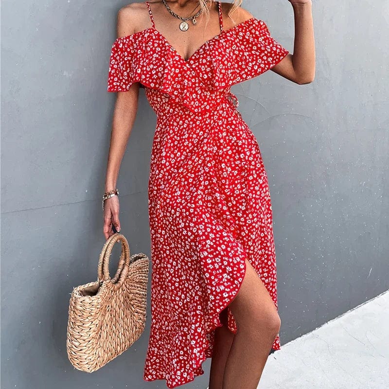 Vesporia Chic Floral Print Sling Dress Women Summer Dresses 2022 NEW Elegant Sexy Strapless Spaghetti Irregular Ruffle Hem Slit Dress