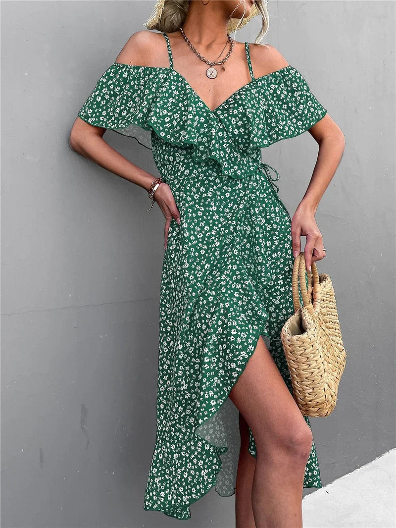 Vesporia Chic Floral Print Sling Dress Women Summer Dresses 2022 NEW Elegant Sexy Strapless Spaghetti Irregular Ruffle Hem Slit Dress