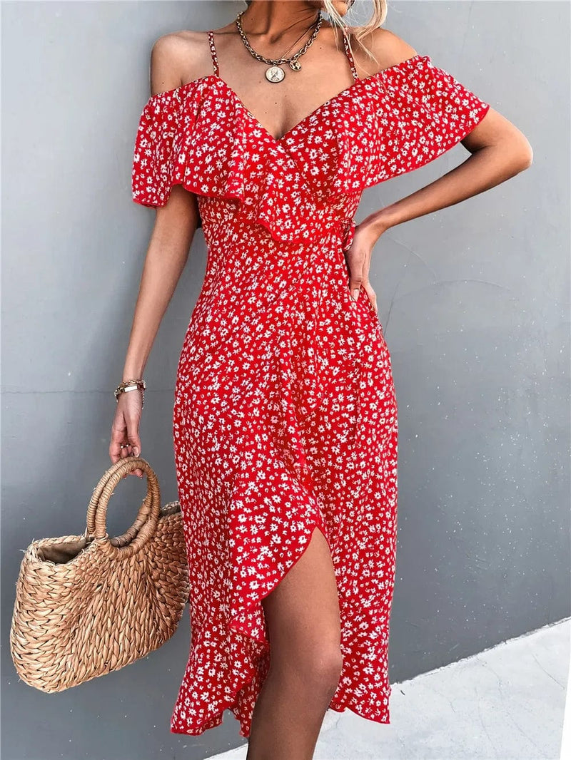 Vesporia Chic Floral Print Sling Dress Women Summer Dresses 2022 NEW Elegant Sexy Strapless Spaghetti Irregular Ruffle Hem Slit Dress