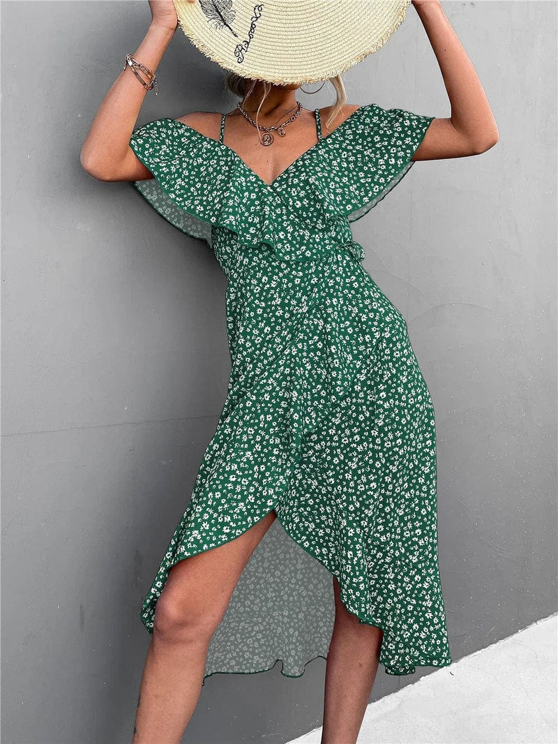 Vesporia Green / S Chic Floral Print Sling Dress Women Summer Dresses 2022 NEW Elegant Sexy Strapless Spaghetti Irregular Ruffle Hem Slit Dress