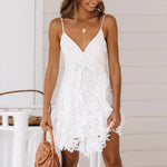 Vesporia Fashion Summer Dress 2021 Beach Womens Sexy Backless Spaghetti Strap Sundress Sleeveless V-Neck Lace Solid Camis Mini Dresses