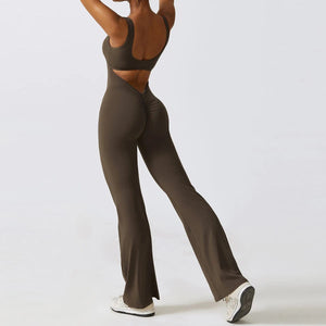 Vesporia Brown 2 / XS Sexy Back V Jumpsuit Gym Set Women Training Yoga Suit Sportswear Women Sports Jumpsuit Fitness Rompers Stretch Workout Bodysuits