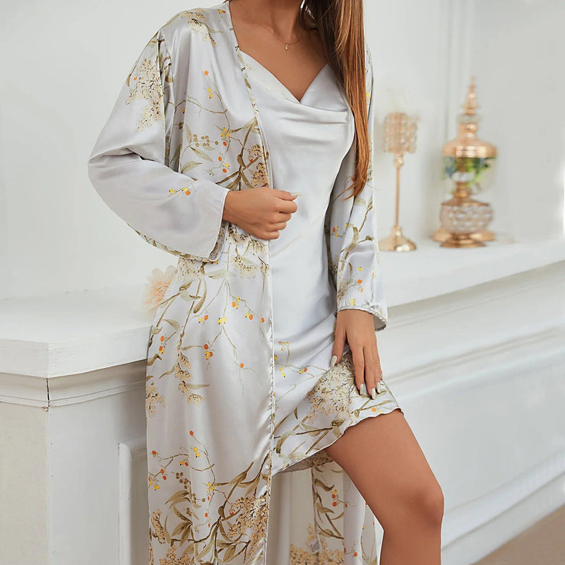 Vesporia grey / L Women's Four Seasons Home Furnishing Lace Up Pajama Pajama Dresses Two Piece Set Thin Outerwear Medium Length Pajama Set