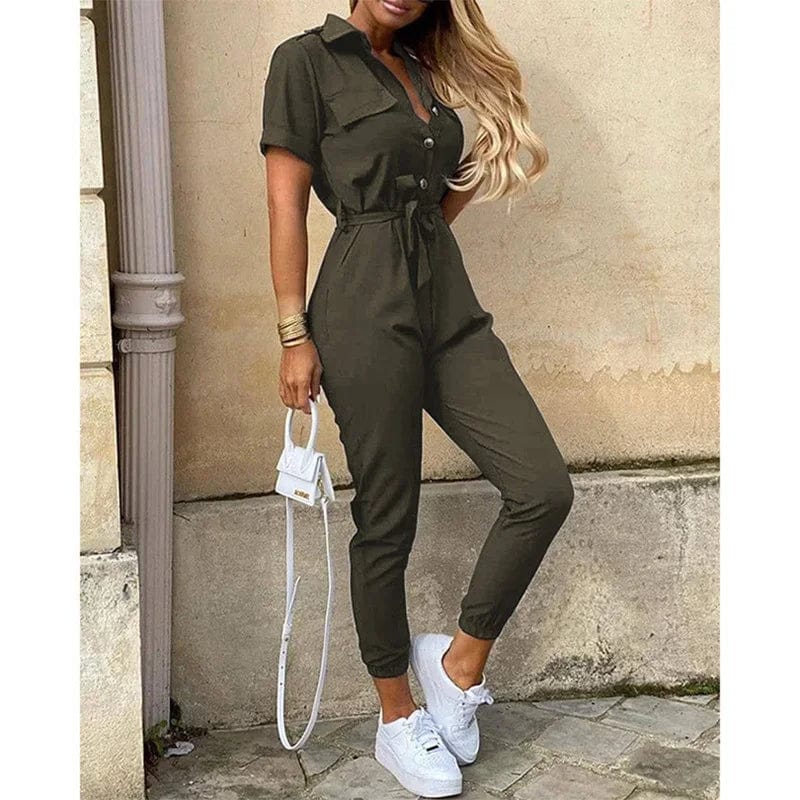 Vesporia Women's Monochromatic Belt Workwear Jumpsuit, Casual Pants, Flip Collar, Buckle, European and American, Summer, 2024