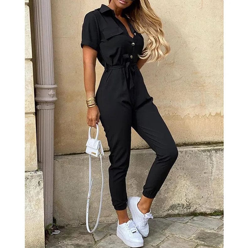 Vesporia black / S Women's Monochromatic Belt Workwear Jumpsuit, Casual Pants, Flip Collar, Buckle, European and American, Summer, 2024