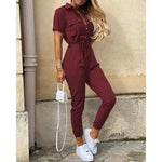 Vesporia Claret / S Women's Monochromatic Belt Workwear Jumpsuit, Casual Pants, Flip Collar, Buckle, European and American, Summer, 2024