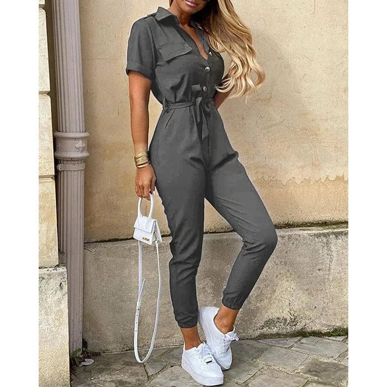 Vesporia Dark Grey / S Women's Monochromatic Belt Workwear Jumpsuit, Casual Pants, Flip Collar, Buckle, European and American, Summer, 2024