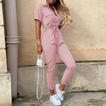 Vesporia Pink / S Women's Monochromatic Belt Workwear Jumpsuit, Casual Pants, Flip Collar, Buckle, European and American, Summer, 2024