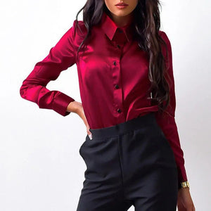 Vesporia Women Spring Shirt OL Style Solid Color Loose Satin Commute Top Long Sleeves Turn-down Collar Spring Blouse Women Clothes