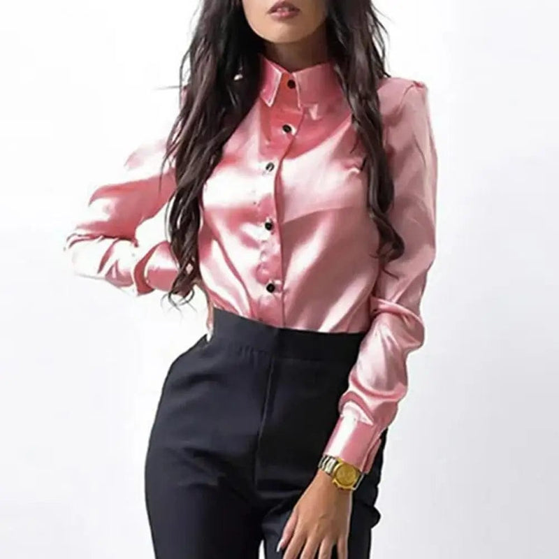 Vesporia Women Spring Shirt OL Style Solid Color Loose Satin Commute Top Long Sleeves Turn-down Collar Spring Blouse Women Clothes