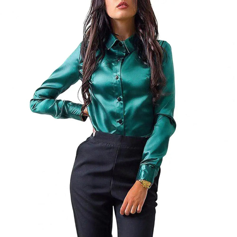 Vesporia Green / L Women Spring Shirt OL Style Solid Color Loose Satin Commute Top Long Sleeves Turn-down Collar Spring Blouse Women Clothes