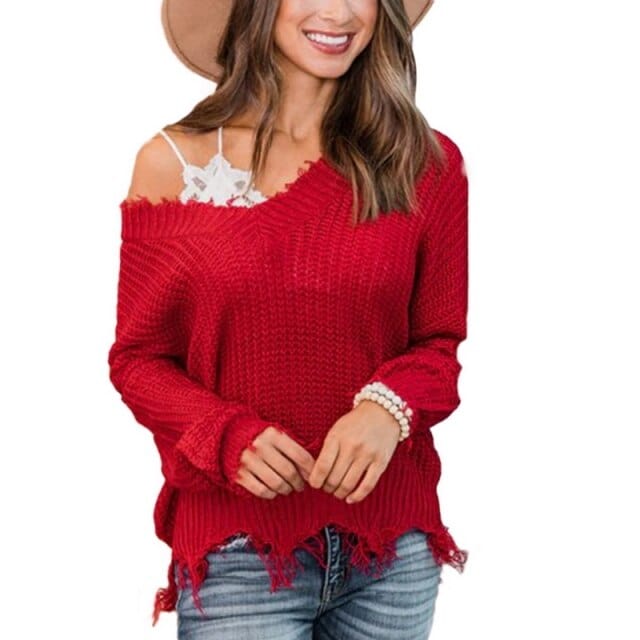 vesporia Asian Size XL / China / Czerwony Sweter Z Surowym Wykończeniem