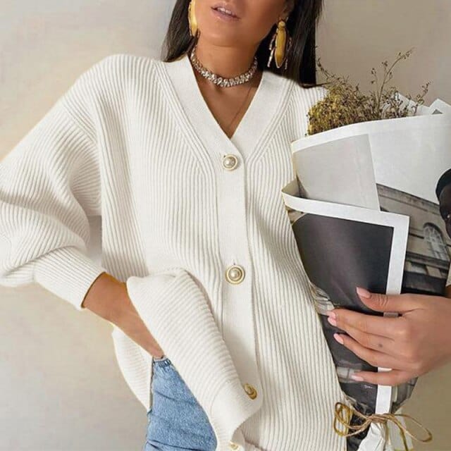 vesporia M / Biały Sweter Oversize Zapinany Z Prążkowaniem