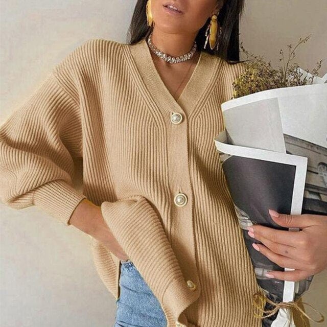 vesporia M / Brązowy Sweter Oversize Zapinany Z Prążkowaniem