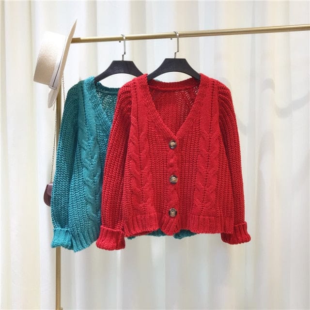 vesporia Uniwersalny / Czerwony Zapinany Sweter Z Warkoczowym Splotem