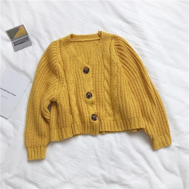 vesporia Uniwersalny / Żółty Zapinany Sweter Z Warkoczowym Splotem